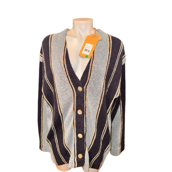 Faherty Sweaters - Women's Faherty Dockside Cardigan L/XL Navy Light Blue Striped h4